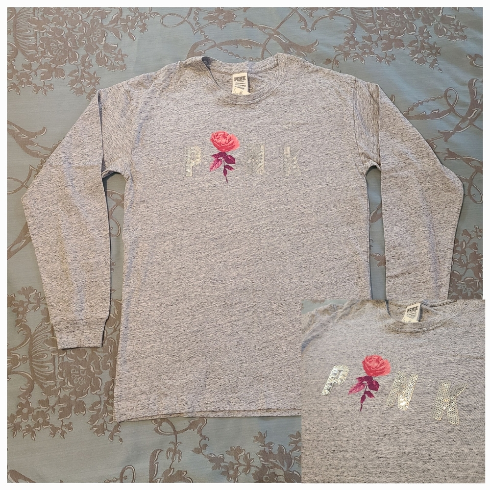 Victoria's Secret PINK Bling Long Sleeve Tee Shirt Heathered Gray Silver Pink XS